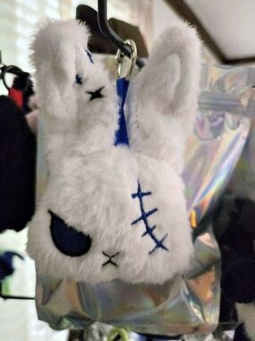 Goth Stitched Bunny Plush Keychain Bag Charm White & Blue
